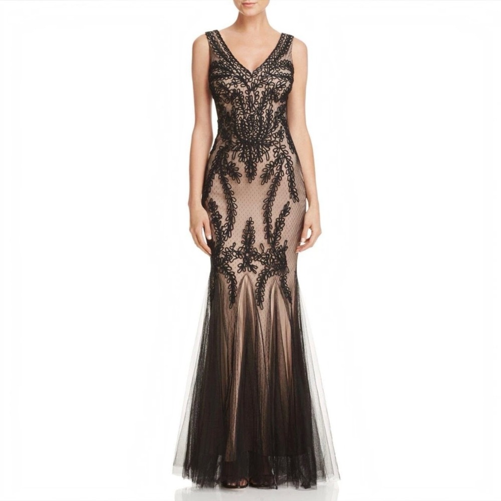 NEW BETSY & ADAM Soutache Mermaid Gown Black Beige Size 4 NWT